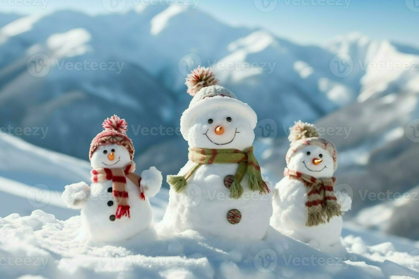 Happy snowmans in mountains, copy space. generative ai. photo