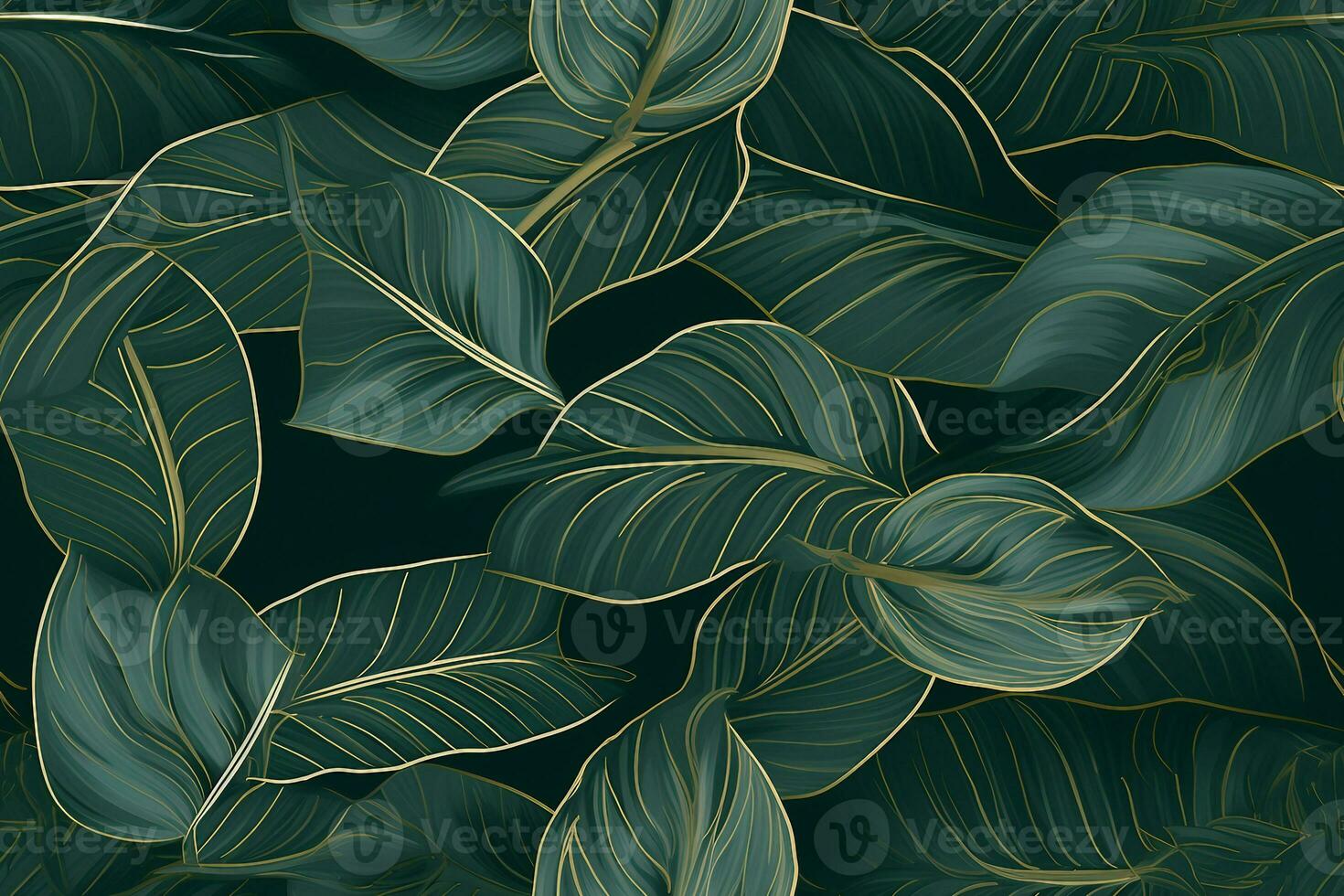 seamless pattern of Luxury gold and nature green background vector. Floral pattern, Golden split-leaf Philodendron plant with monstera plant line arts. generative ai. photo