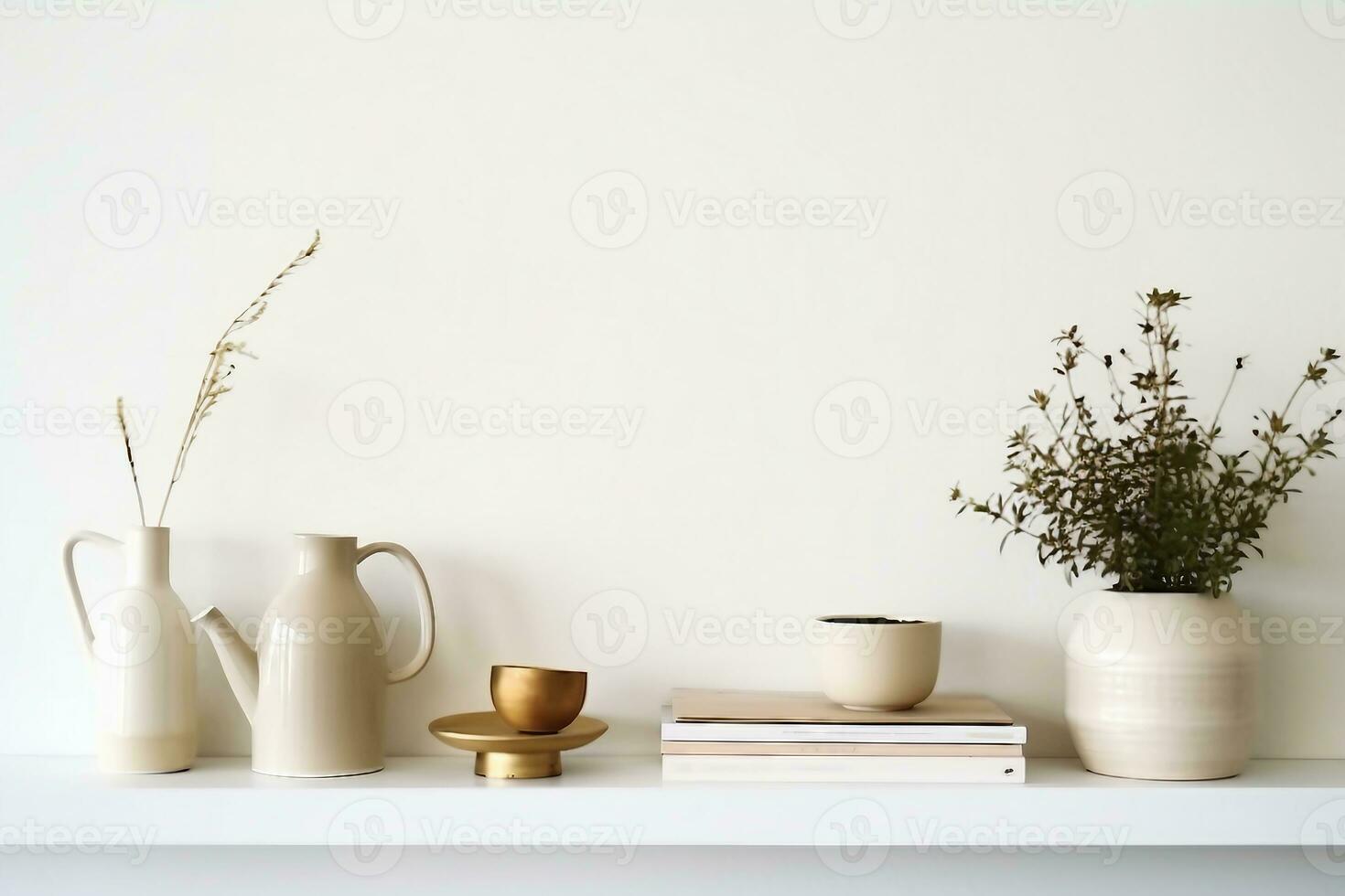 Minimalistic Scandinavian interior. Dishes on white shelves. White details in the interior. photo