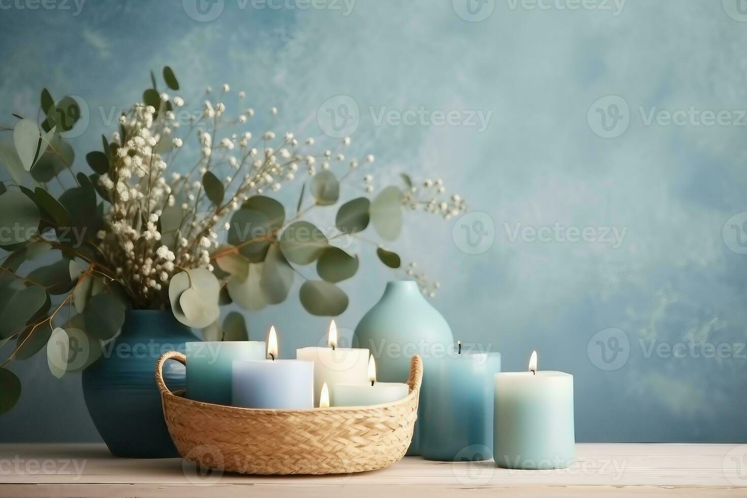 Burning candles, basket and vase with eucalyptus against blue background, generative ai. photo