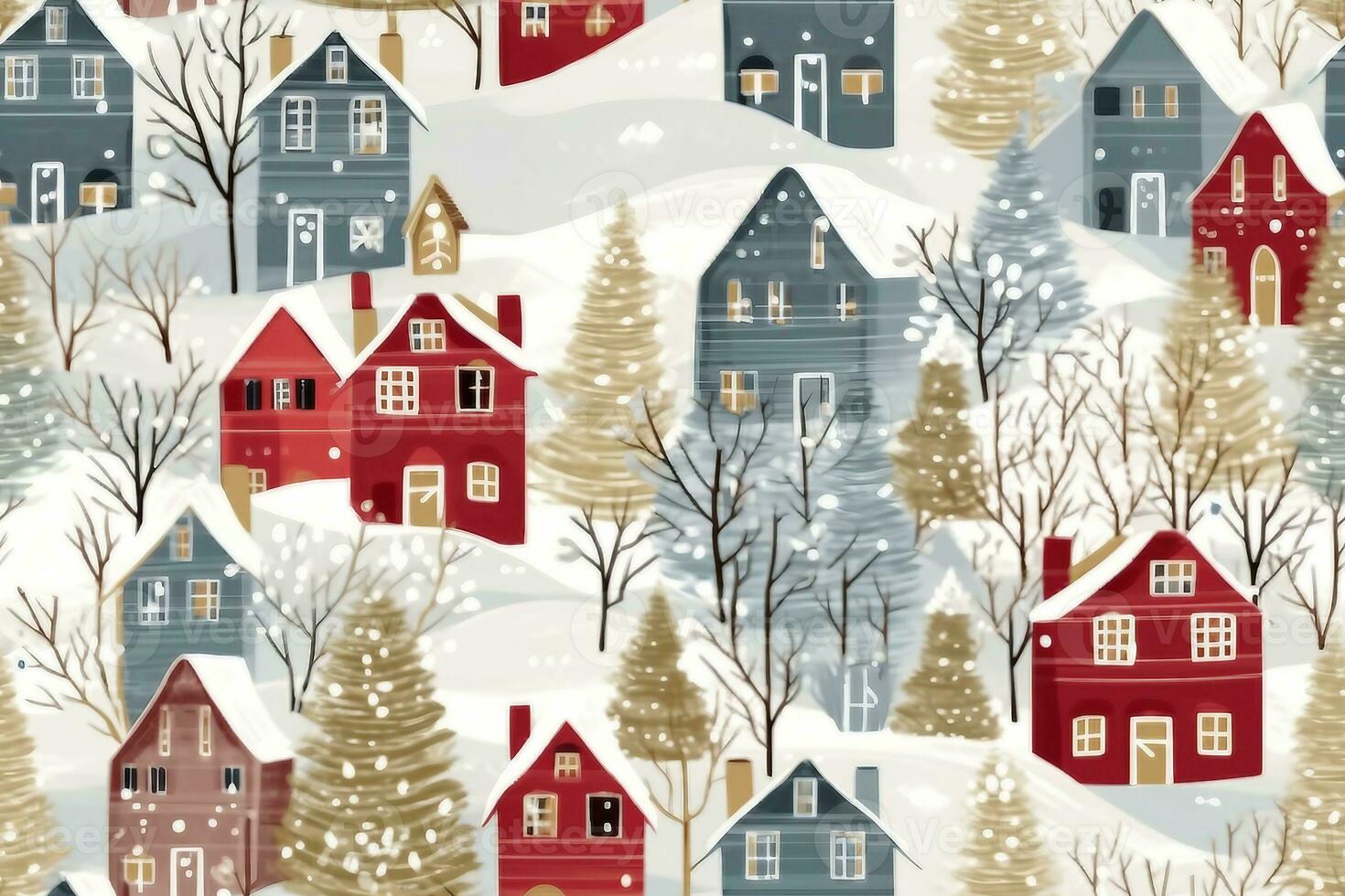 Winter houses for Christmas fabrics and decor. Seamless pattern. generative ai. photo