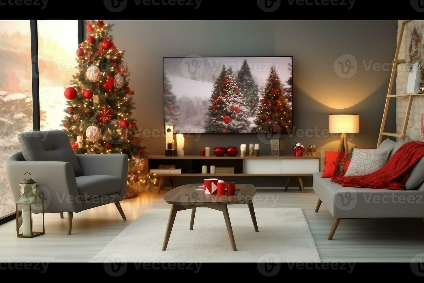 Stylish living room interior with modern TV and Christmas tree. generative ai. photo