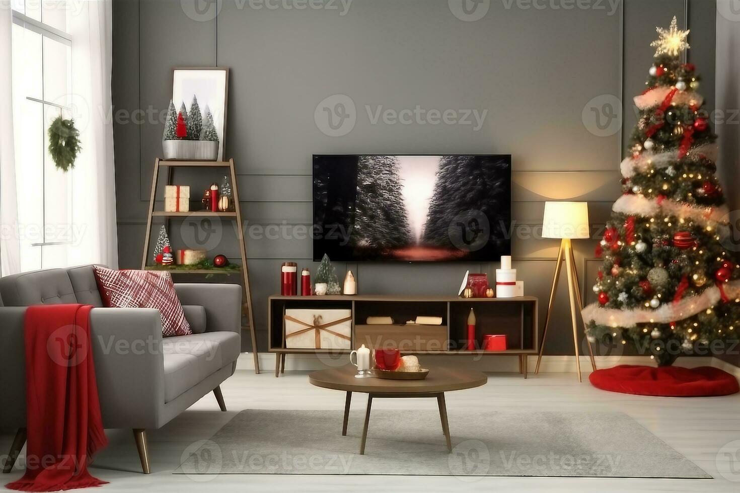 Stylish living room interior with modern TV and Christmas tree. generative ai. photo
