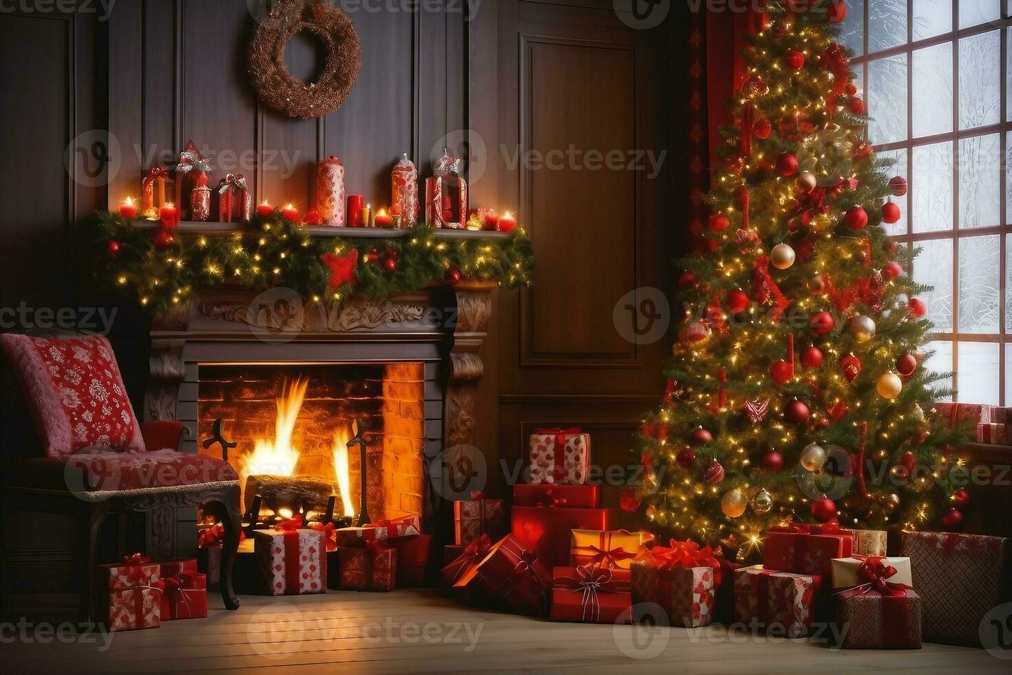 interior christmas. magic glowing tree, fireplace and gifts. generative ai. photo