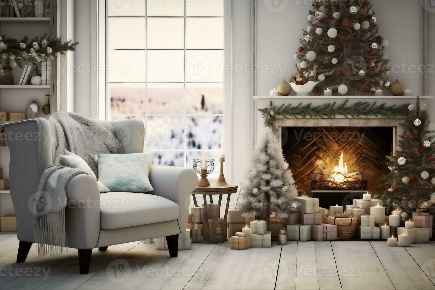 New year tree in scandinavian style interior with christmas decoration and fireplace. generative ai. photo