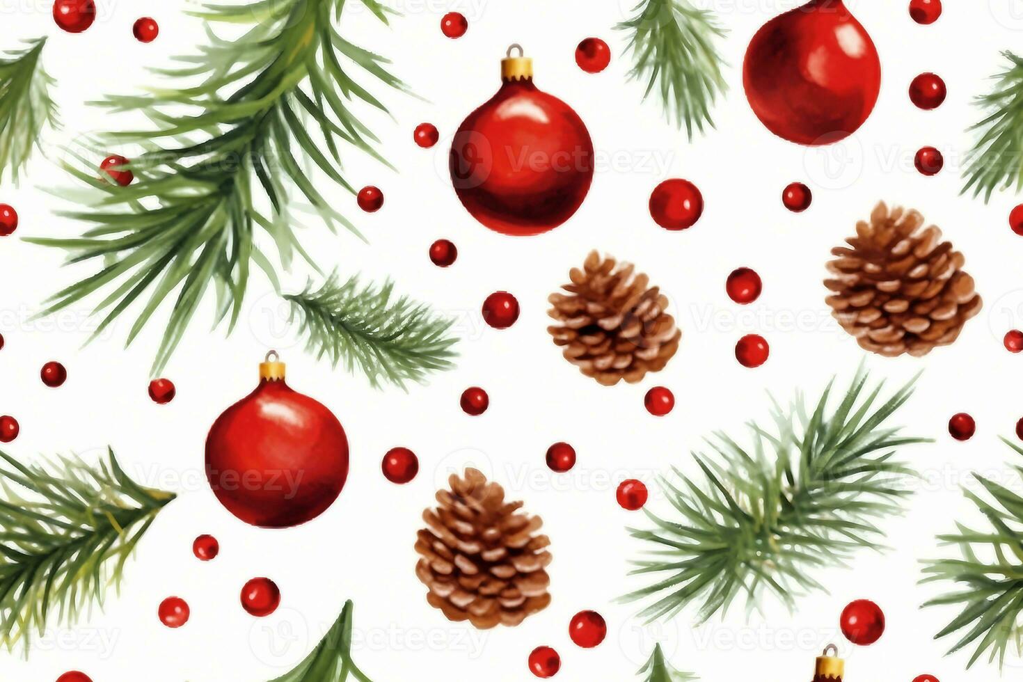 seamless pattern with christmas symbol, holly leaves, christmas tree with cones, stars and balls on white background.generative photo