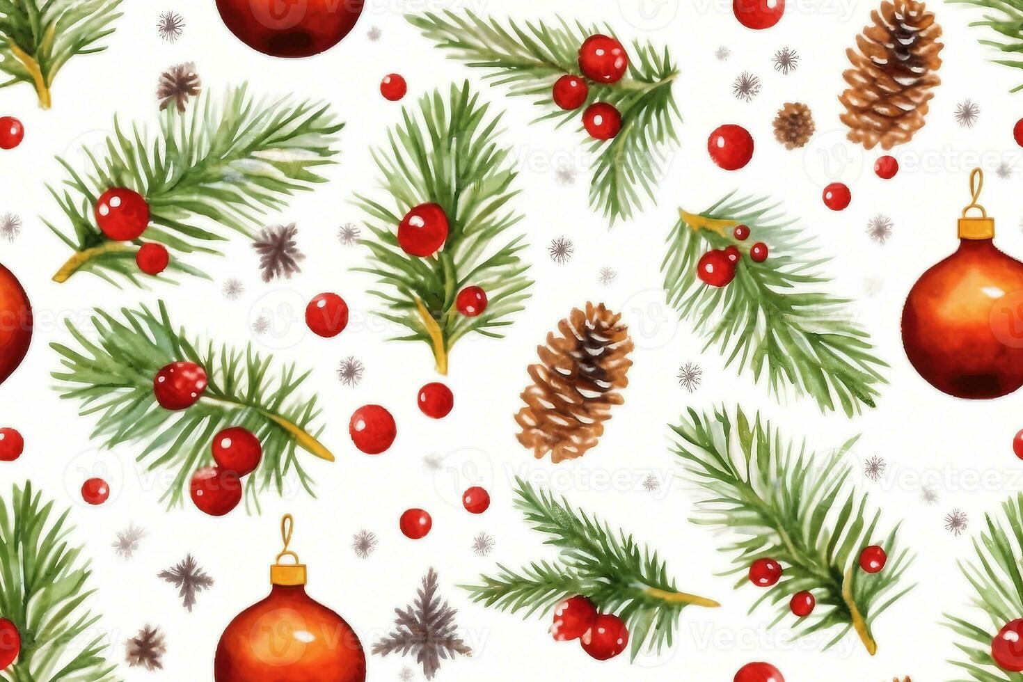 seamless pattern with christmas symbol, holly leaves, christmas tree with cones, stars and balls on white background.generative photo