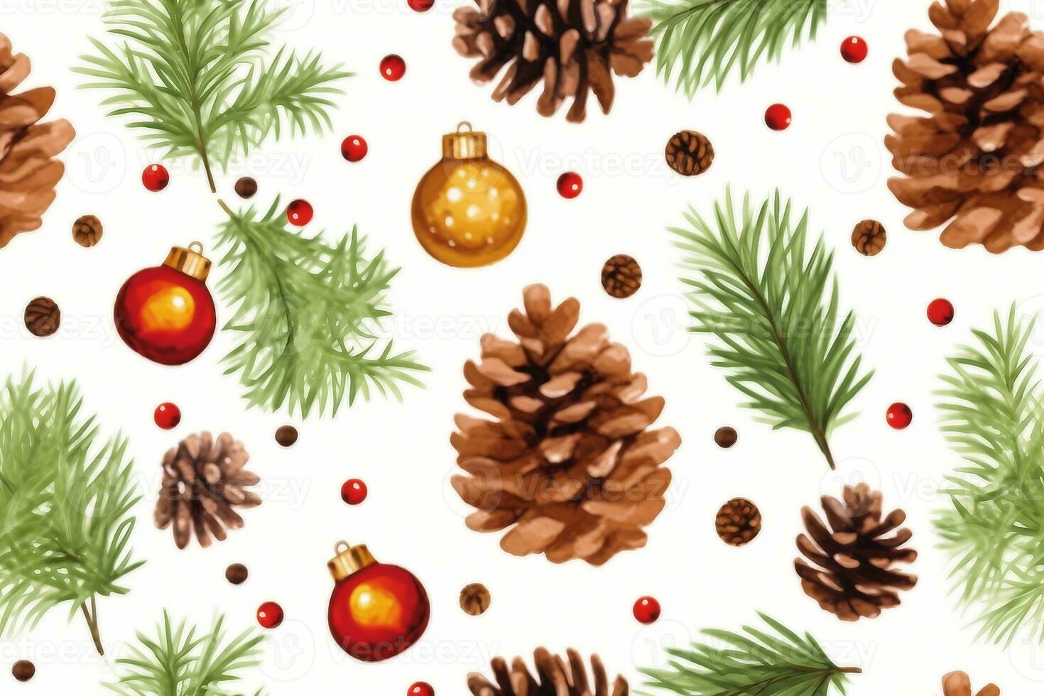 seamless pattern with christmas symbol, holly leaves, christmas tree with cones, stars and balls on white background.generative photo