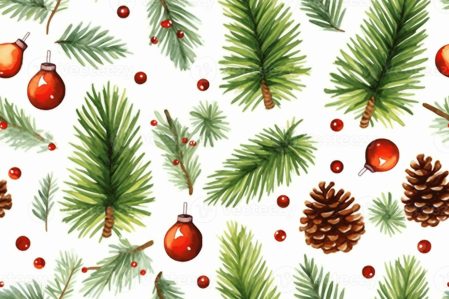 seamless pattern with christmas symbol, holly leaves, christmas tree with cones, stars and balls on white background.generative photo