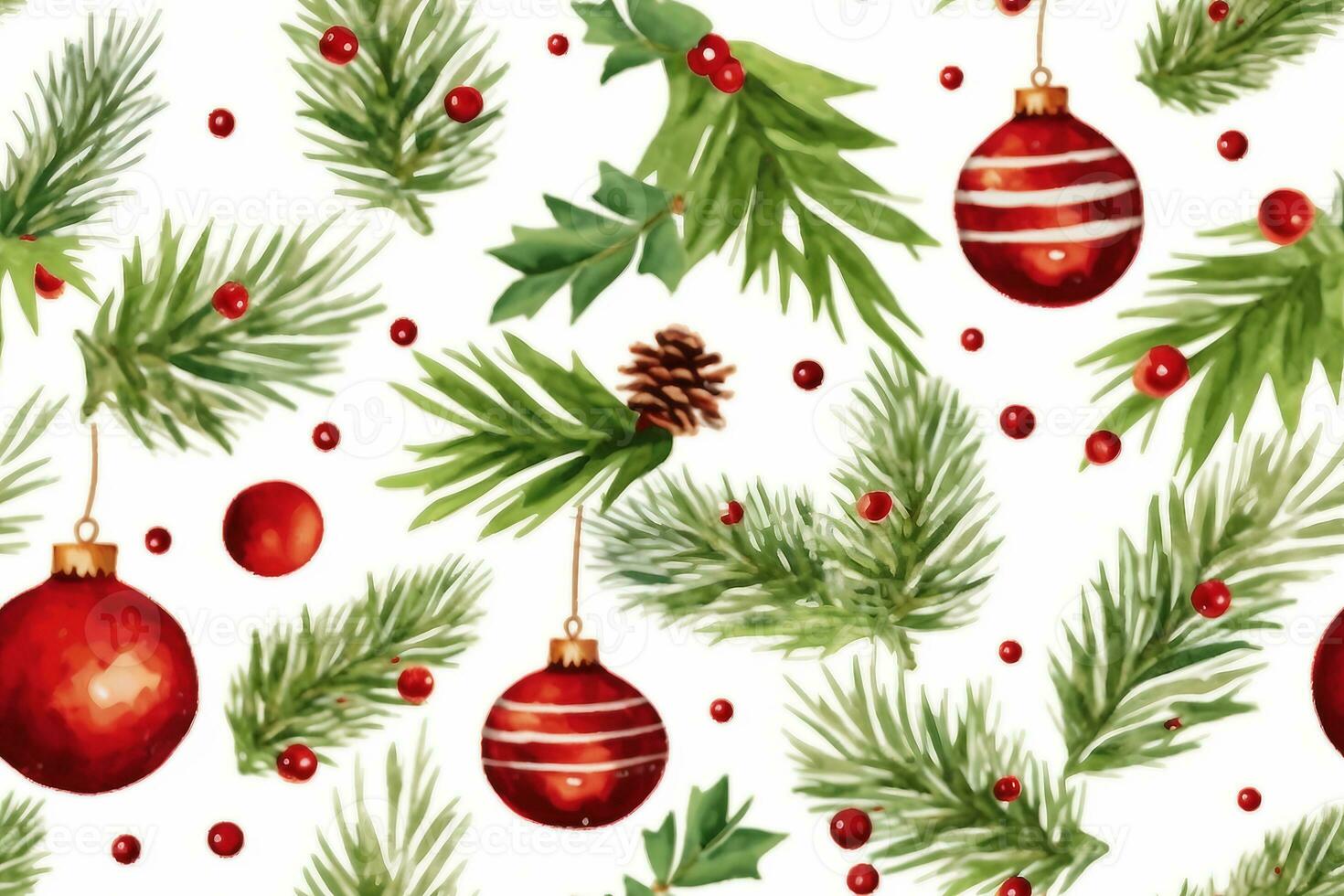 seamless pattern with christmas symbol, holly leaves, christmas tree with cones, stars and balls on white background.generative photo