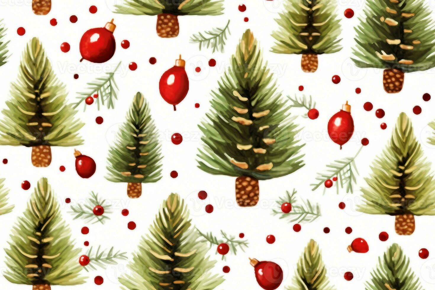 seamless pattern with christmas symbol, holly leaves, christmas tree with cones, stars and balls on white background.generative photo
