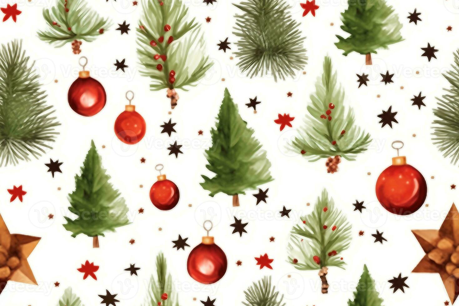 seamless pattern with christmas symbol, holly leaves, christmas tree with cones, stars and balls on white background.generative photo