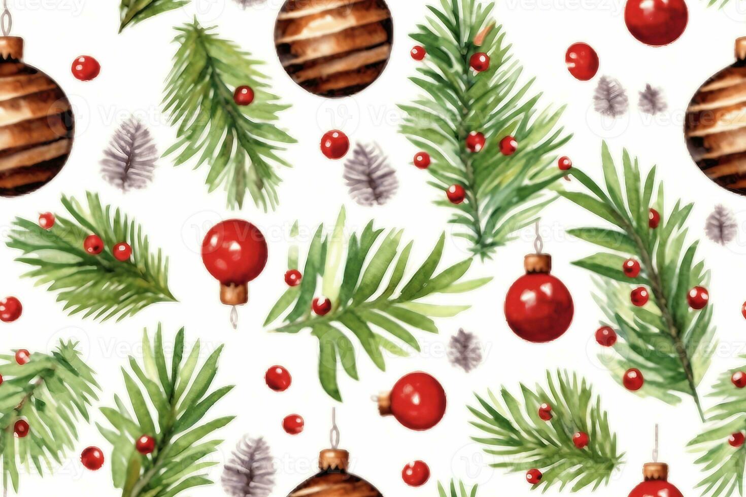 seamless pattern with christmas symbol, holly leaves, christmas tree with cones, stars and balls on white background.generative photo