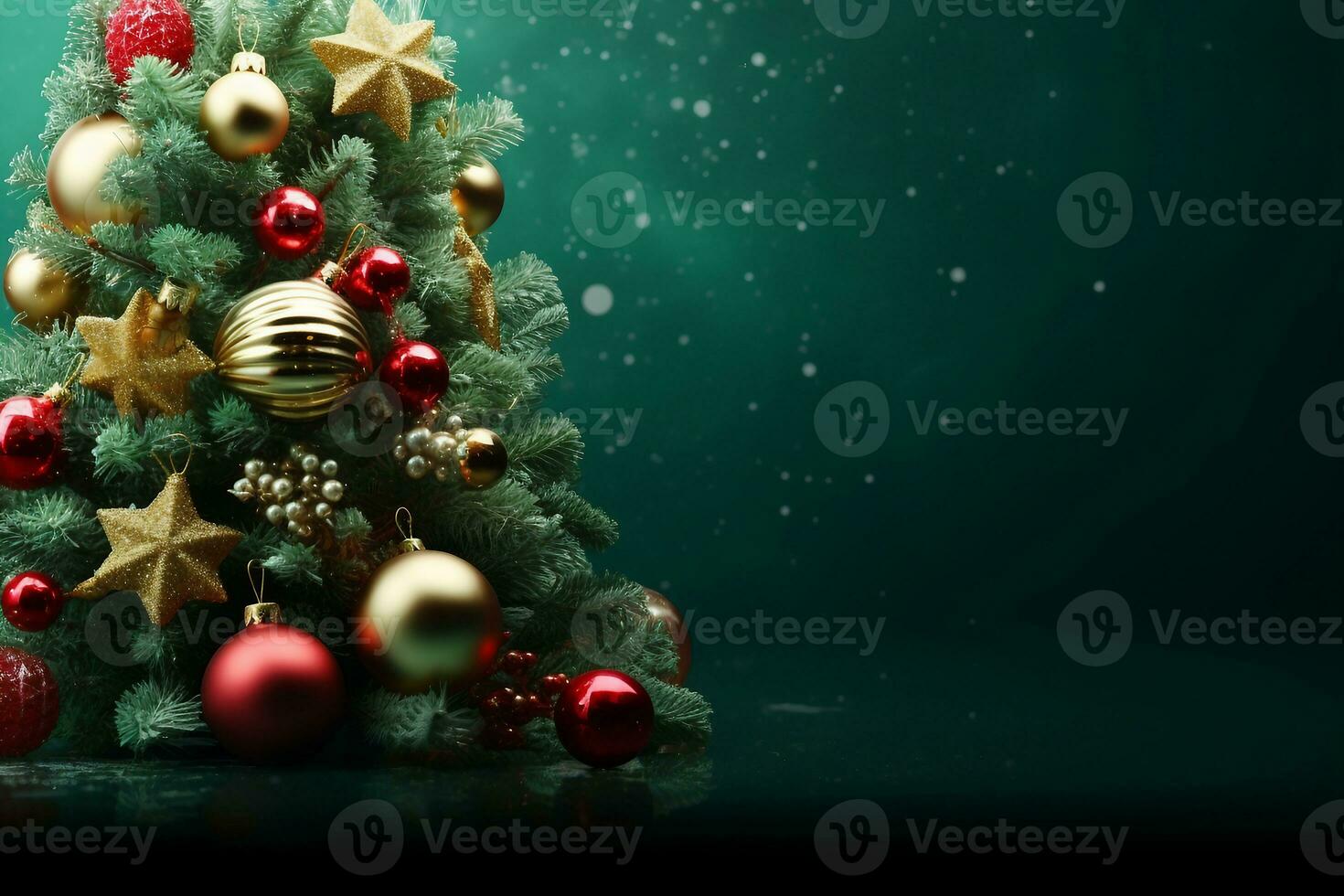Decorated with ornaments and lights Christmas tree on dark green background. Merry Christmas and Happy Holidays greeting card, frame, banner. generative ai. photo