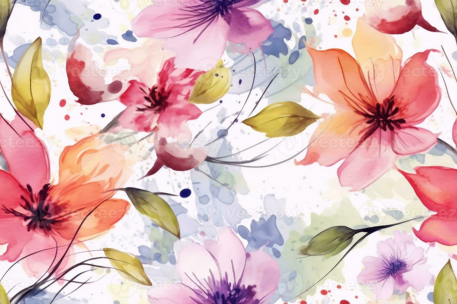 watercolor painting colorful splashes on a white floral background flower leaf. generative ai. photo