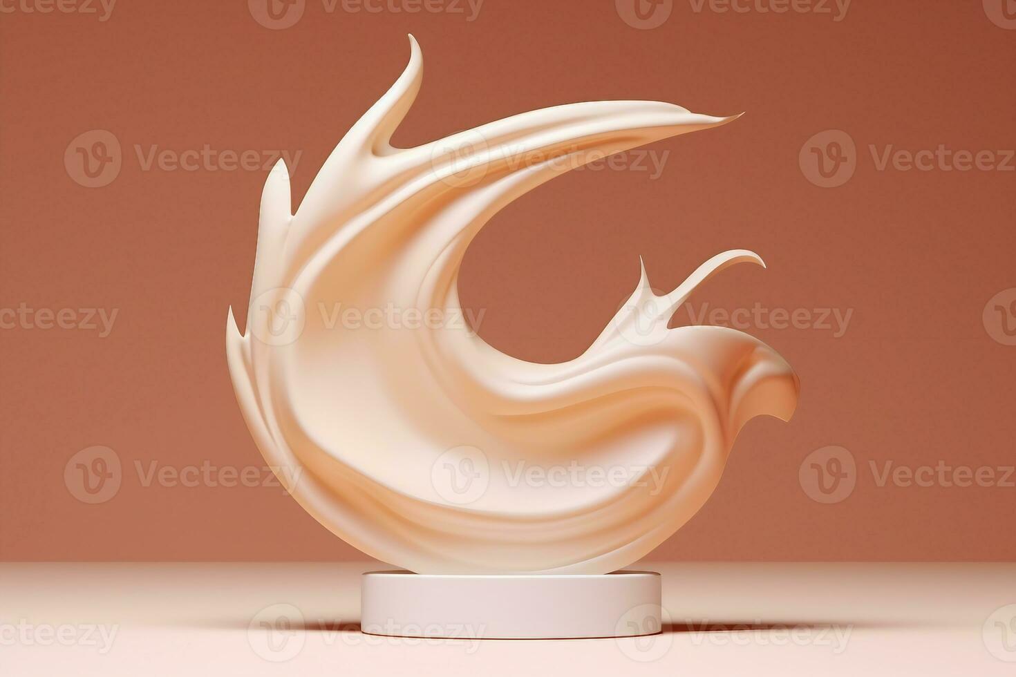 3D beige pedestal podium with liquid foundation splash swirl on studio background. Nude cream fluid flow with display showcase for beauty product, cosmetics promotion. generative ai. photo