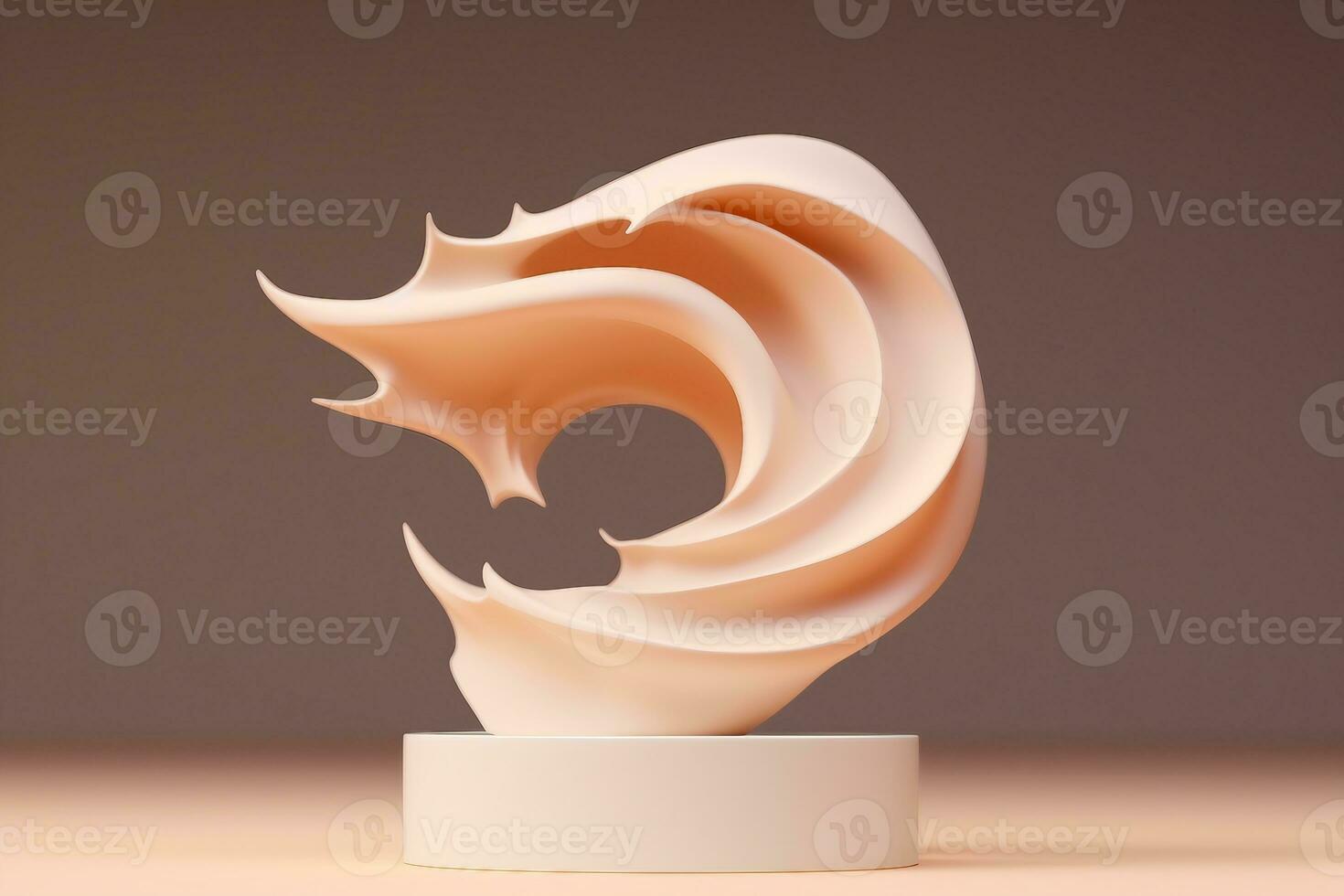 3D beige pedestal podium with liquid foundation splash swirl on studio background. Nude cream fluid flow with display showcase for beauty product, cosmetics promotion. generative ai. photo