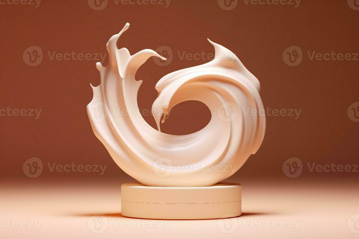 3D beige pedestal podium with liquid foundation splash swirl on studio background. Nude cream fluid flow with display showcase for beauty product, cosmetics promotion. generative ai. photo