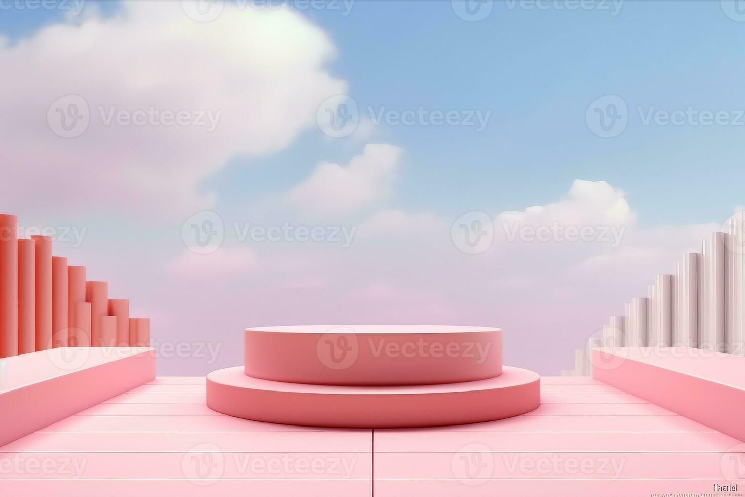 Background vector 3d pink rendering with podium and minimal cloud scene, minimal product display background 3d rendered geometric shape sky cloud pink pastel. generative ai. photo