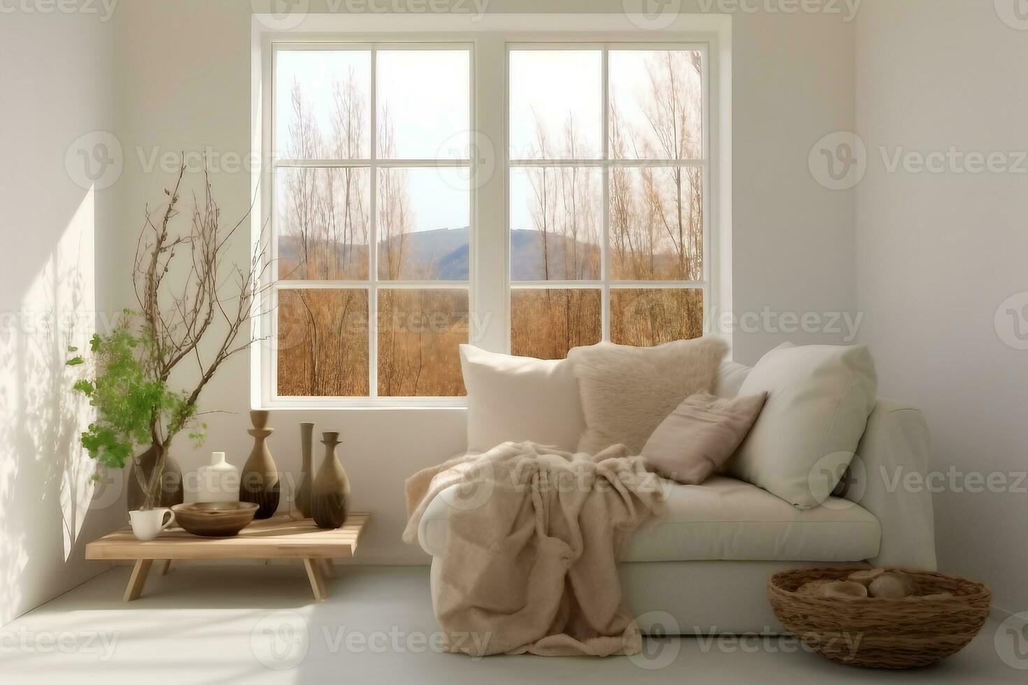 Cozy living room interior with beige sofa, knitted blanket and cushions.generative ai. photo
