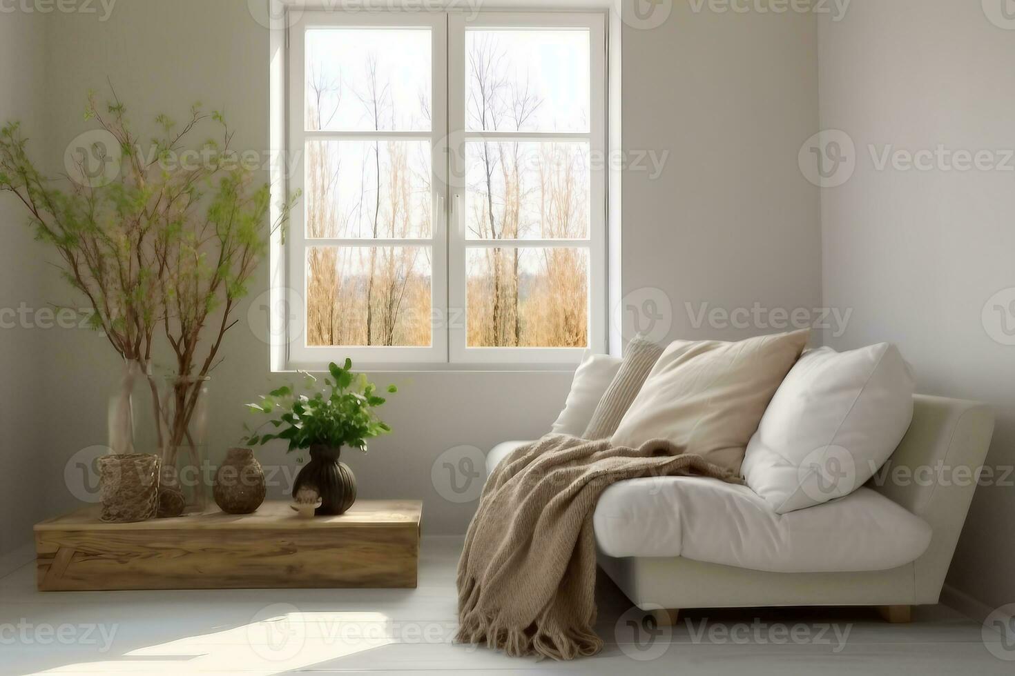 Cozy living room interior with beige sofa, knitted blanket and cushions.generative ai. photo