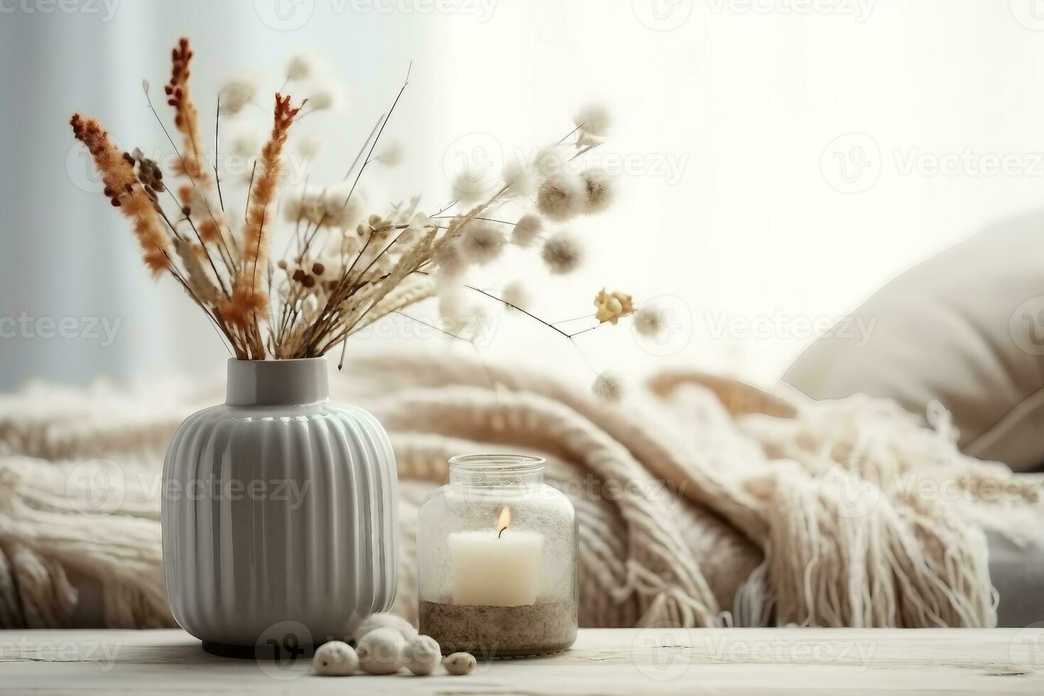 a minimalistic composition in the scandinavian style with dried flowers in a vase and candles.generative ai. photo