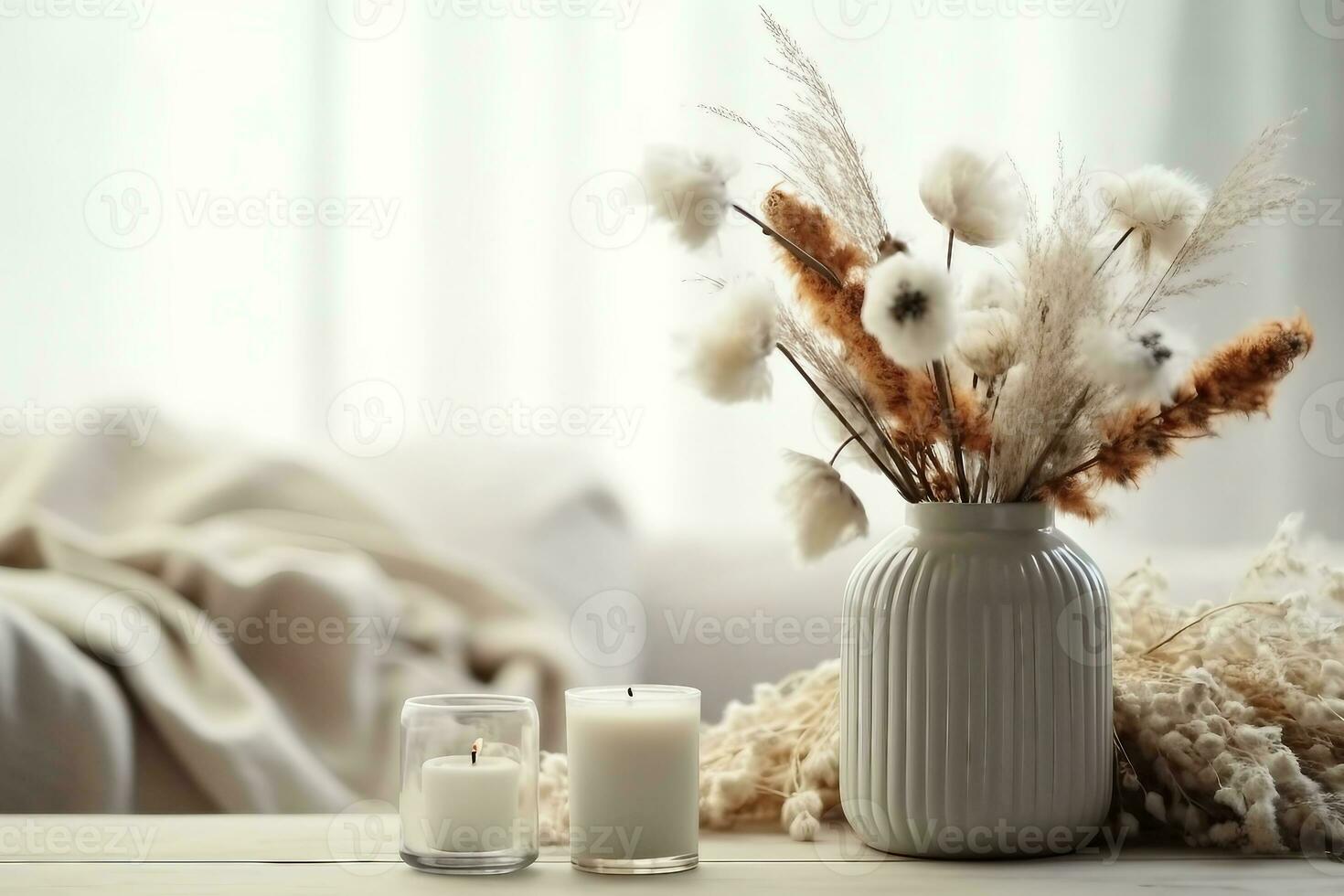 a minimalistic composition in the scandinavian style with dried flowers in a vase and candles.generative ai. photo