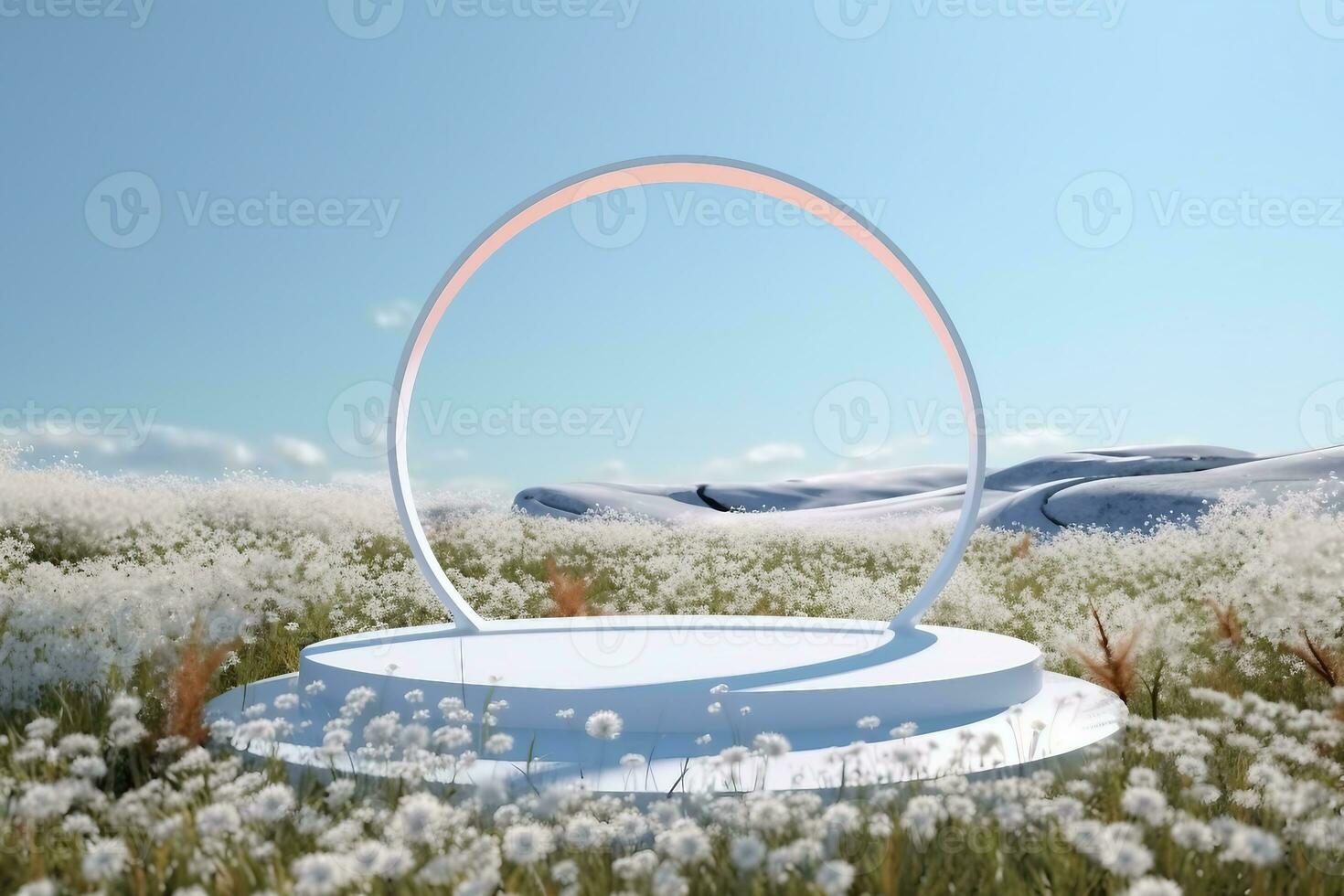 Abstact 3d render Natural background, White podium on the snow ground and flowers field, backdrop glass arch and clear sky for product display, advertising, cosmetic or etc. generative ai. photo