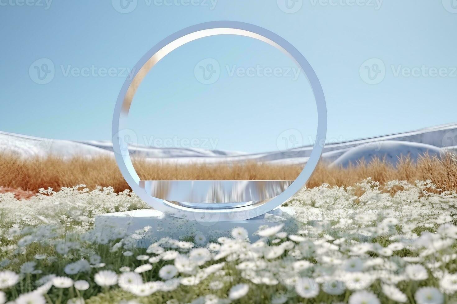 Abstact 3d render Natural background, White podium on the snow ground and flowers field, backdrop glass arch and clear sky for product display, advertising, cosmetic or etc. generative ai. photo