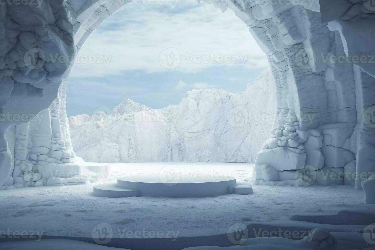 abstact 3d render winter scene and Natural podium background, Ice podium on the snow ground in the ice snow cave for product display advertising or etc. generative ai. photo