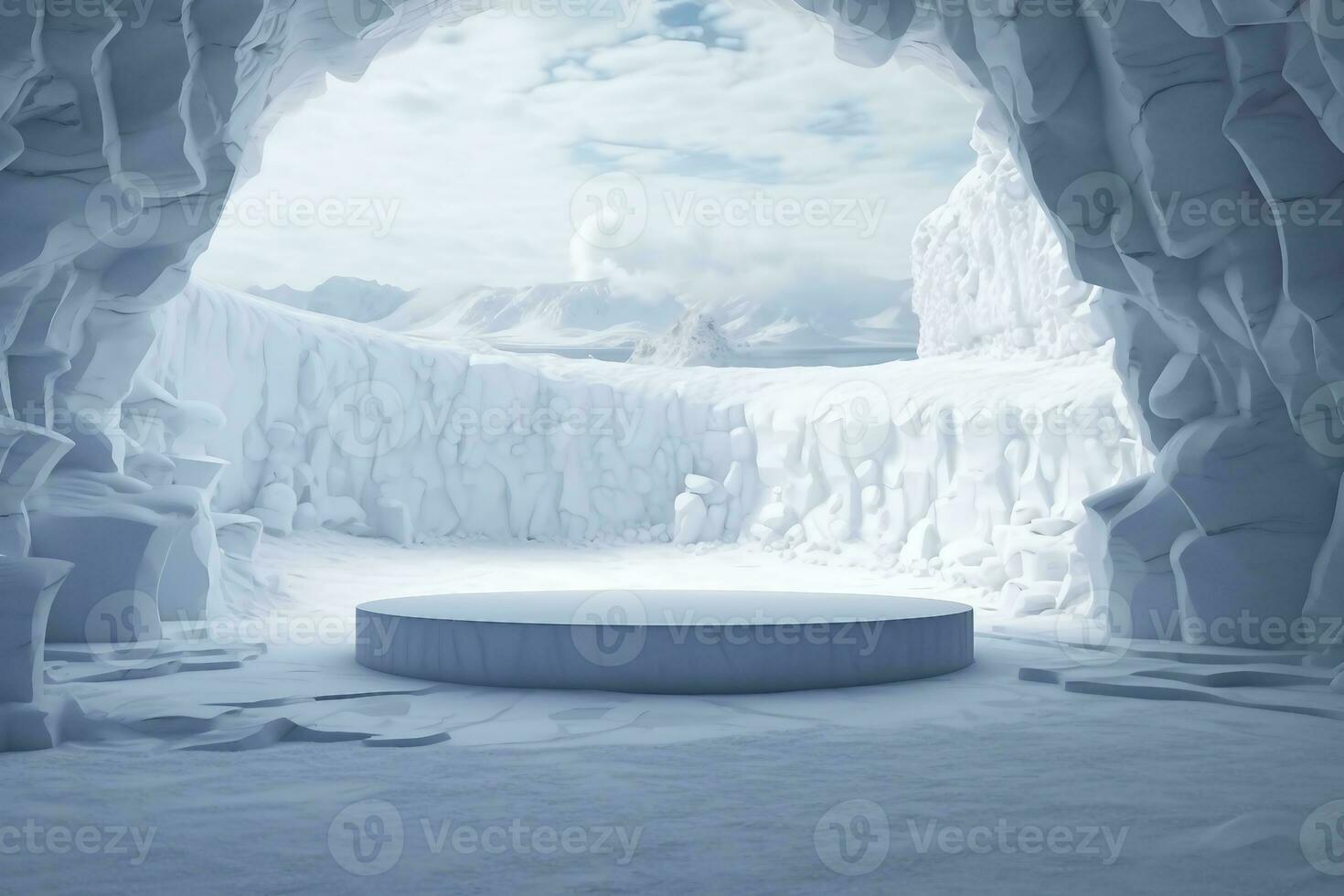 abstact 3d render winter scene and Natural podium background, Ice podium on the snow ground in the ice snow cave for product display advertising or etc. generative ai. photo