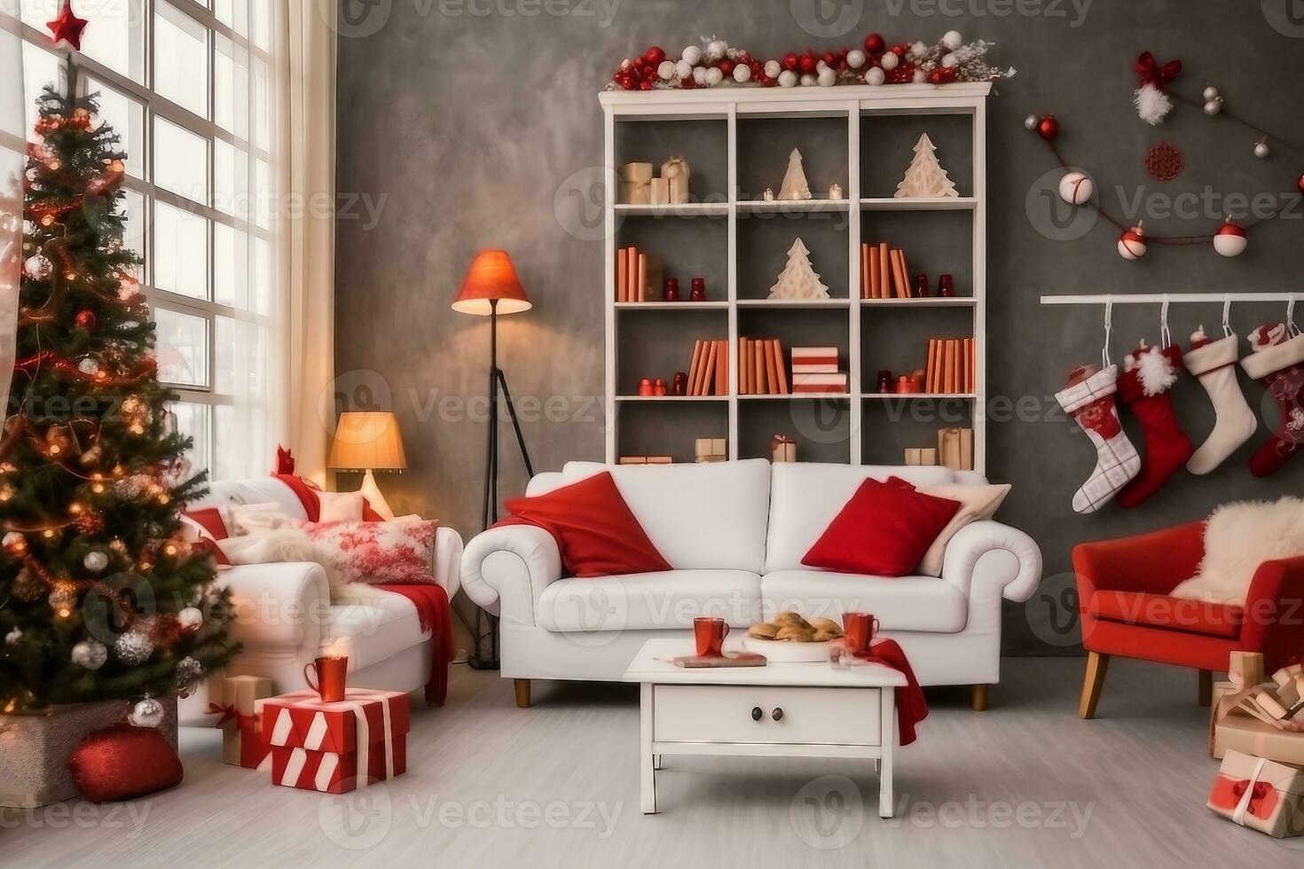 hermosa Holdiay decorado habitación con Navidad árbol con regalos debajo él. generativo ai. foto