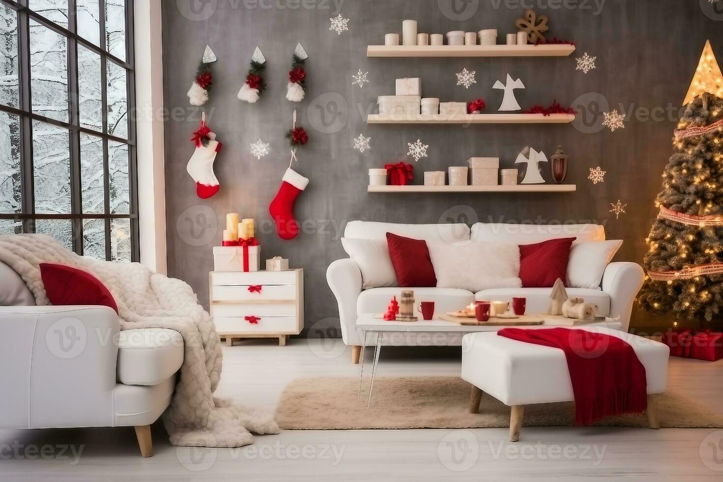 hermosa Holdiay decorado habitación con Navidad árbol con regalos debajo él. generativo ai. foto