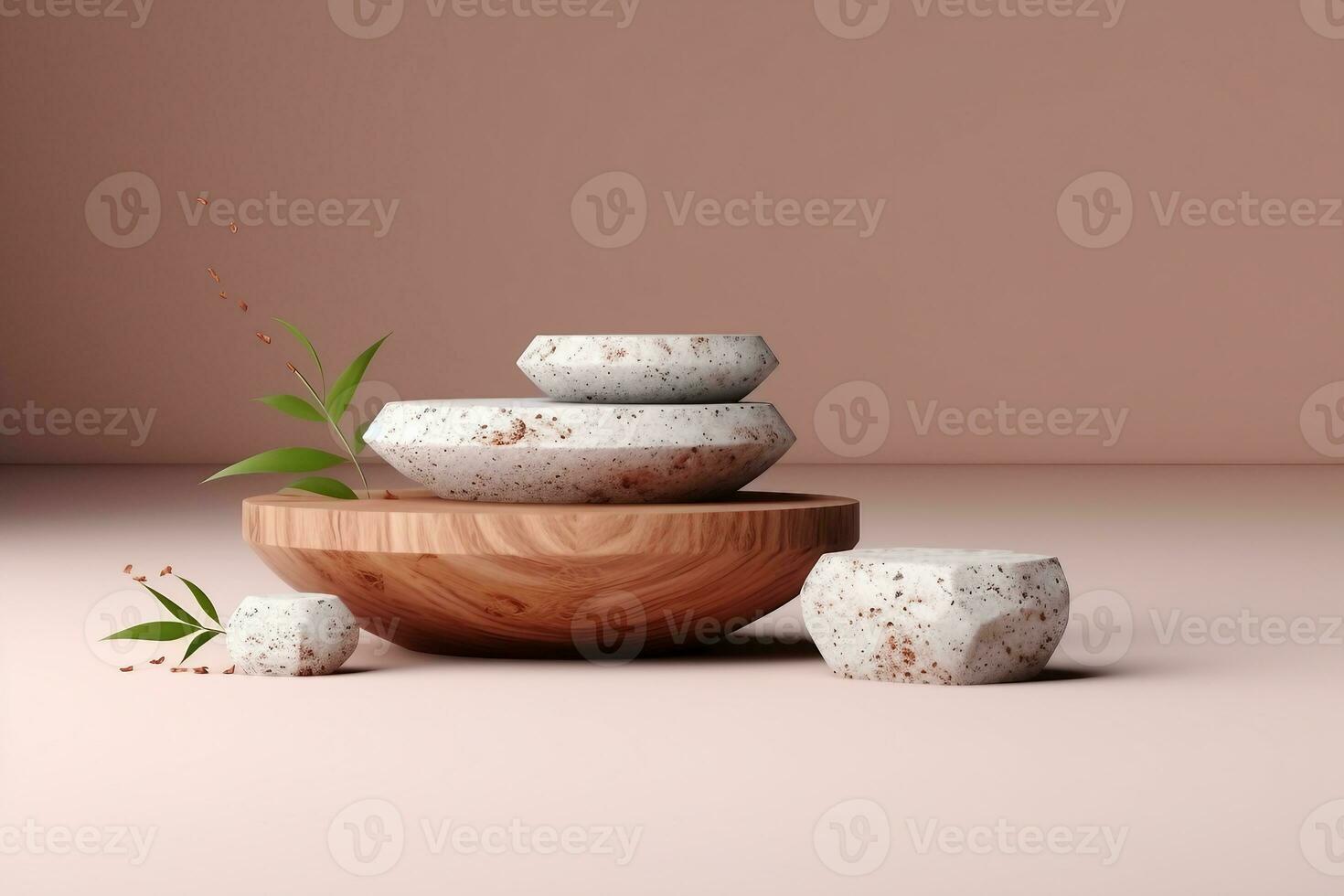 Terrazzo marble podium with rounded wood for product presentation. Natural beauty pedestal, relaxation and health, 3d illustration. generative ai. photo