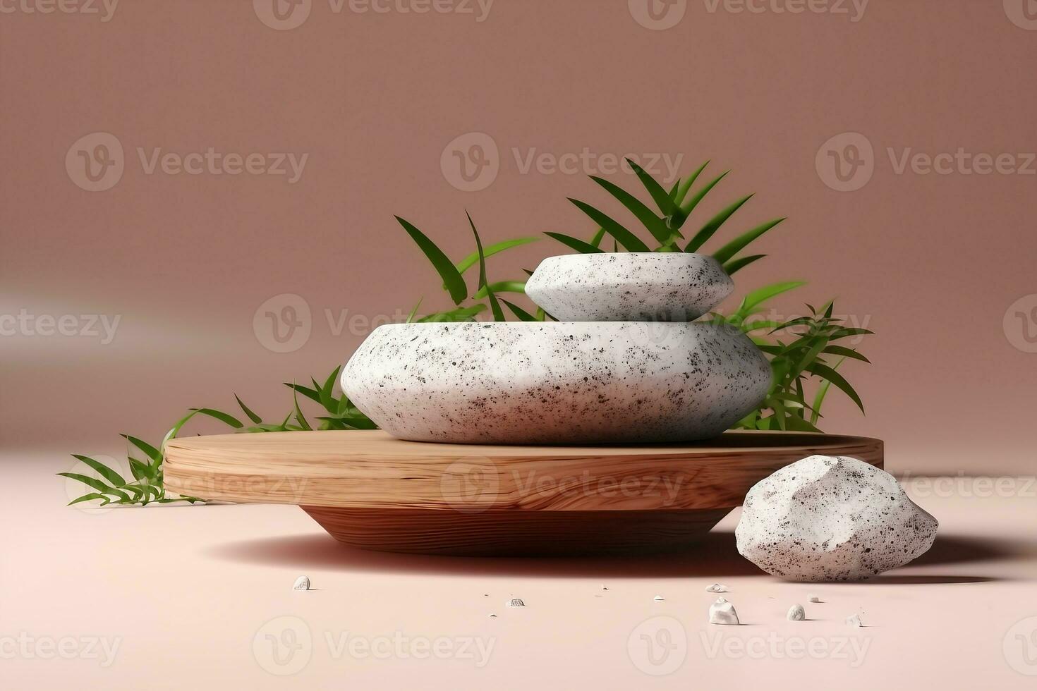 Terrazzo marble podium with rounded wood for product presentation. Natural beauty pedestal, relaxation and health, 3d illustration. generative ai. photo