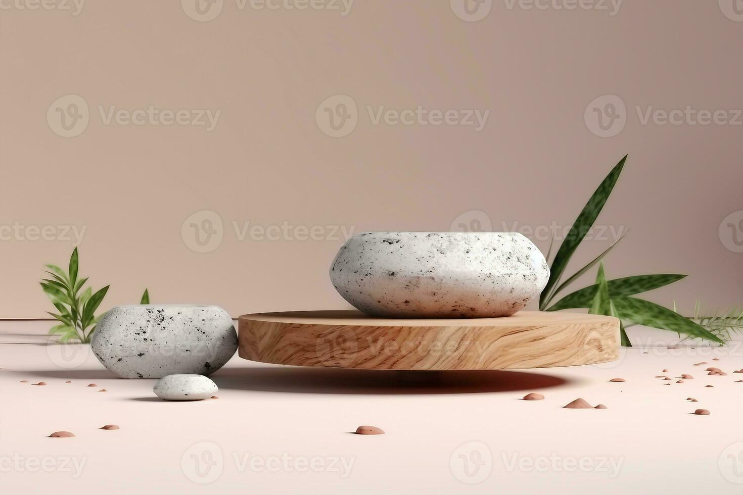 Terrazzo marble podium with rounded wood for product presentation. Natural beauty pedestal, relaxation and health, 3d illustration. generative ai. photo