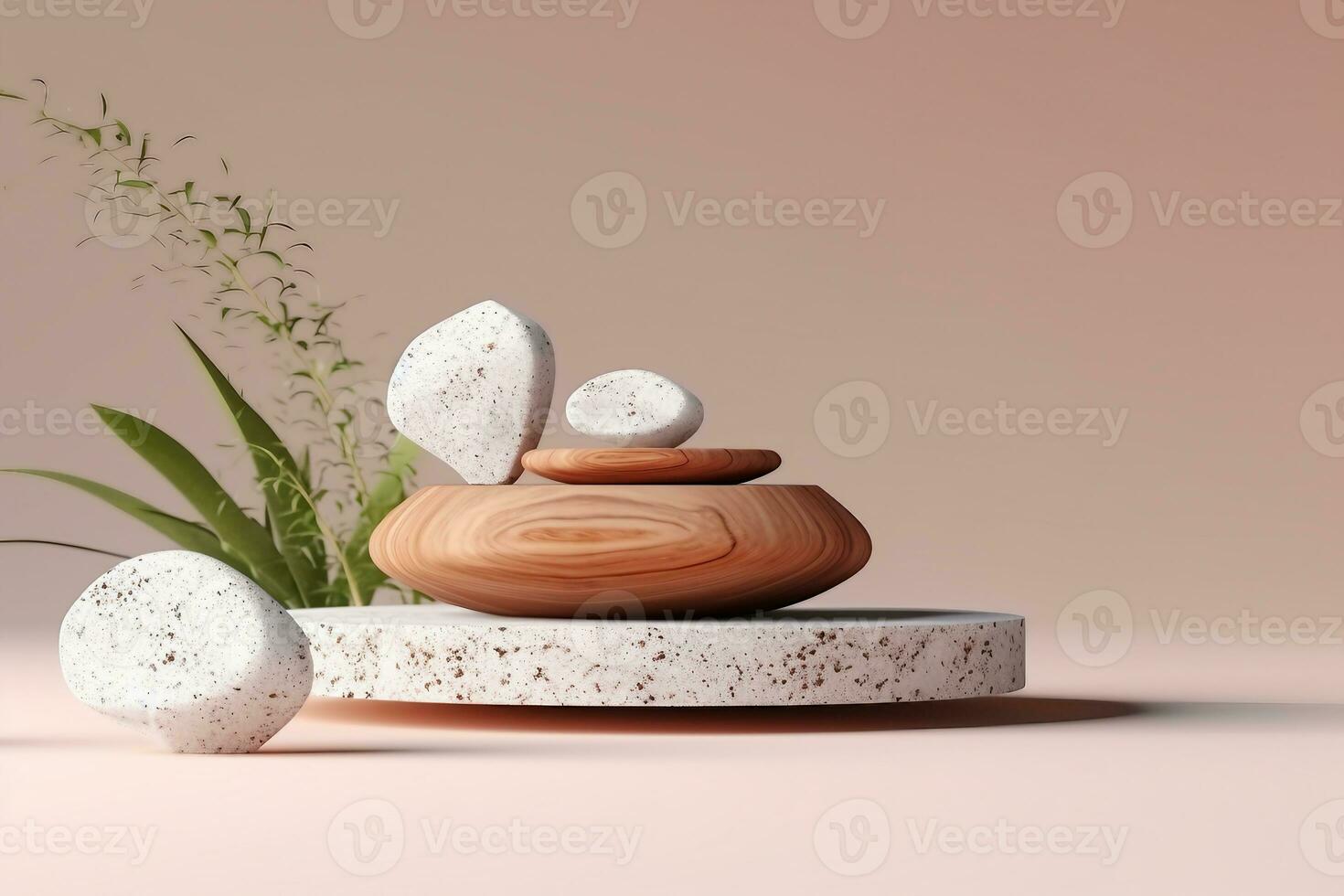 Terrazzo marble podium with rounded wood for product presentation. Natural beauty pedestal, relaxation and health, 3d illustration. generative ai. photo