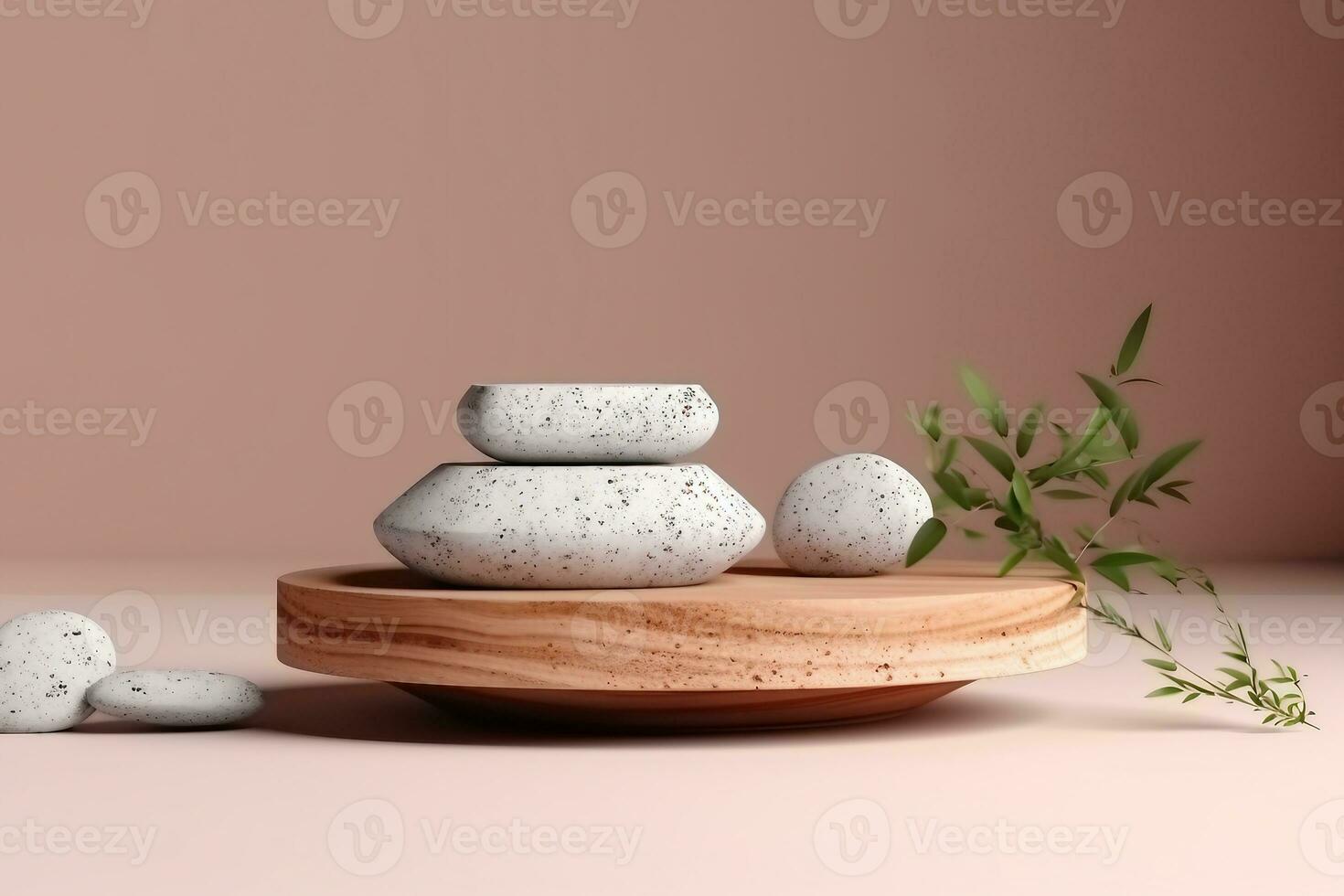 Terrazzo marble podium with rounded wood for product presentation. Natural beauty pedestal, relaxation and health, 3d illustration. generative ai. photo