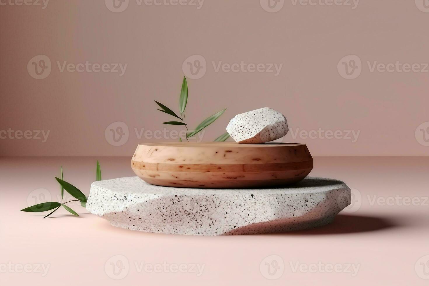 Terrazzo marble podium with rounded wood for product presentation. Natural beauty pedestal, relaxation and health, 3d illustration. generative ai. photo