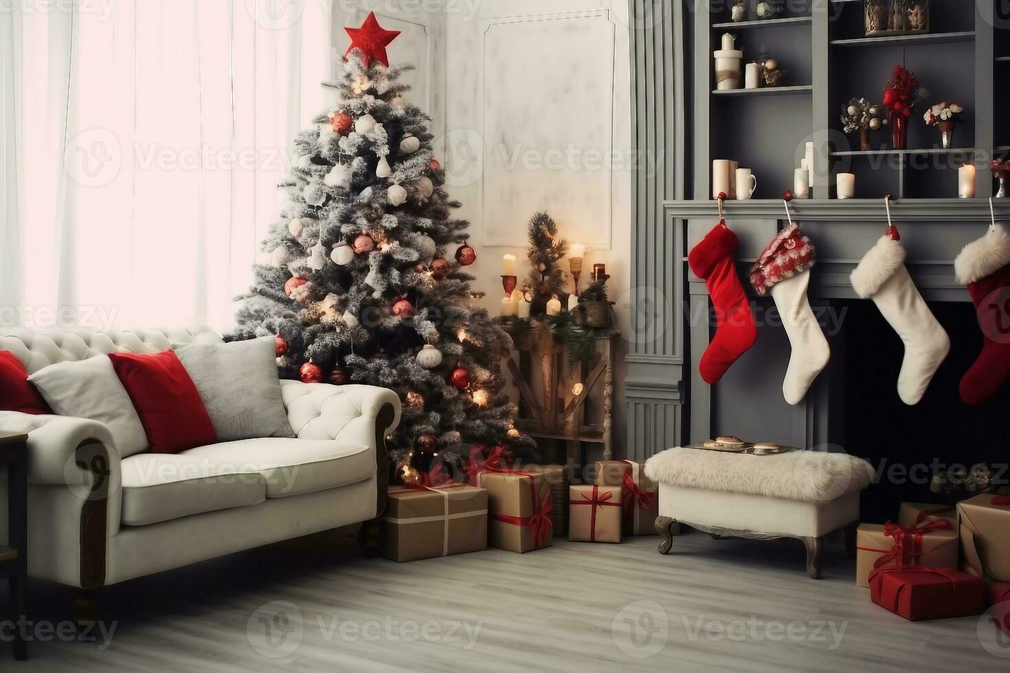 Beautiful holdiay decorated room with Christmas tree with presents under it. generative ai. photo