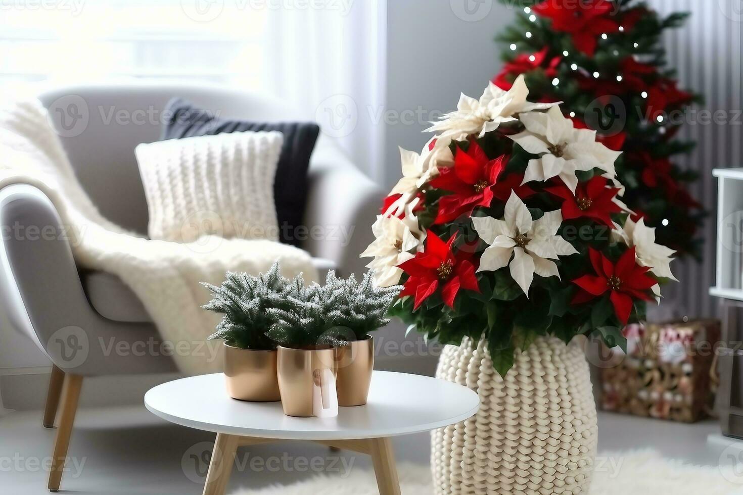 beautiful poinsettia and gift box on white table in stylish living room interior. Traditional Christmas flower. generative ai. photo