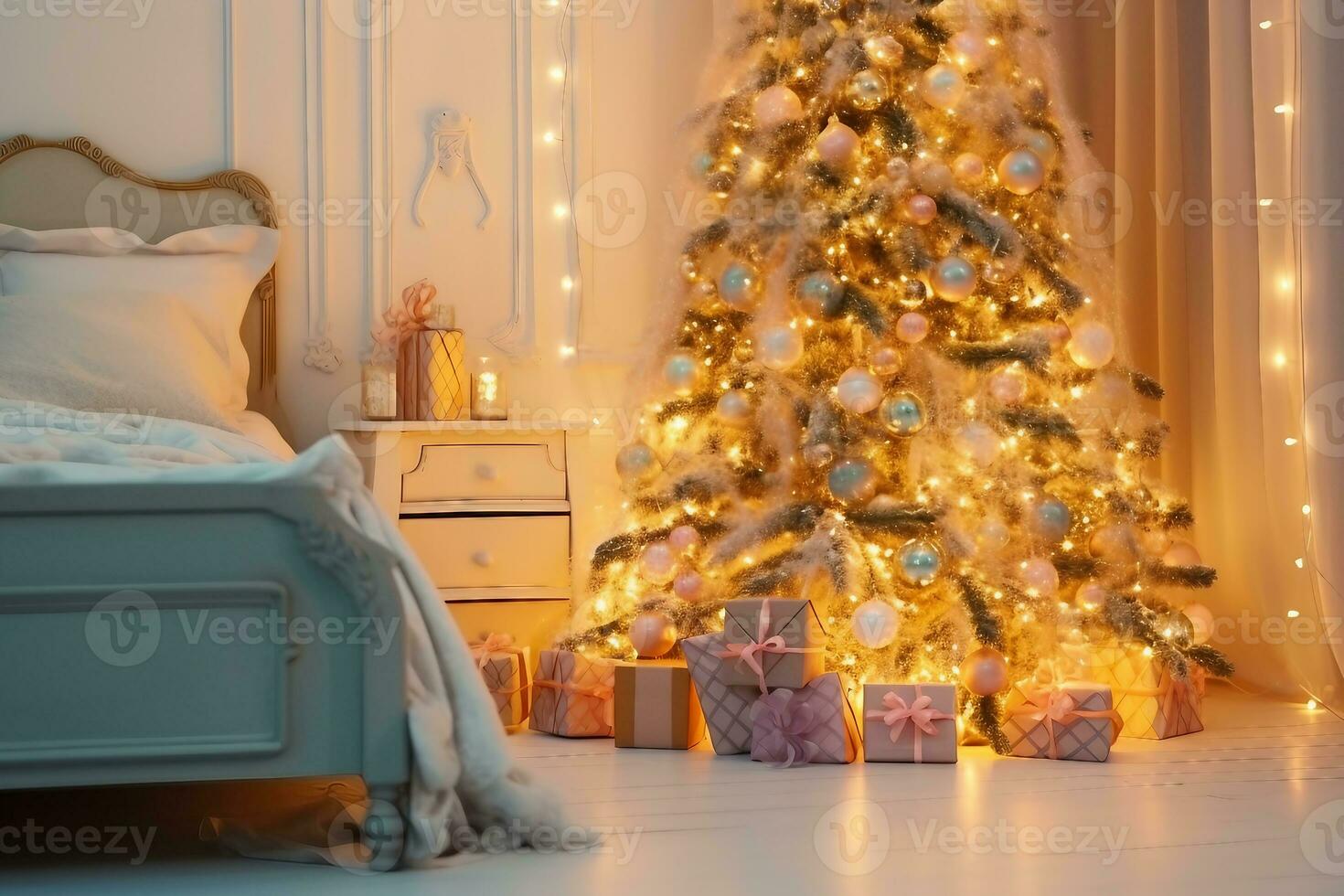 Bright glowing Christmas tree in living room in evening. Christmas tree with lights glowing garlands and gifts. Interior design bedroom. generative ai. photo