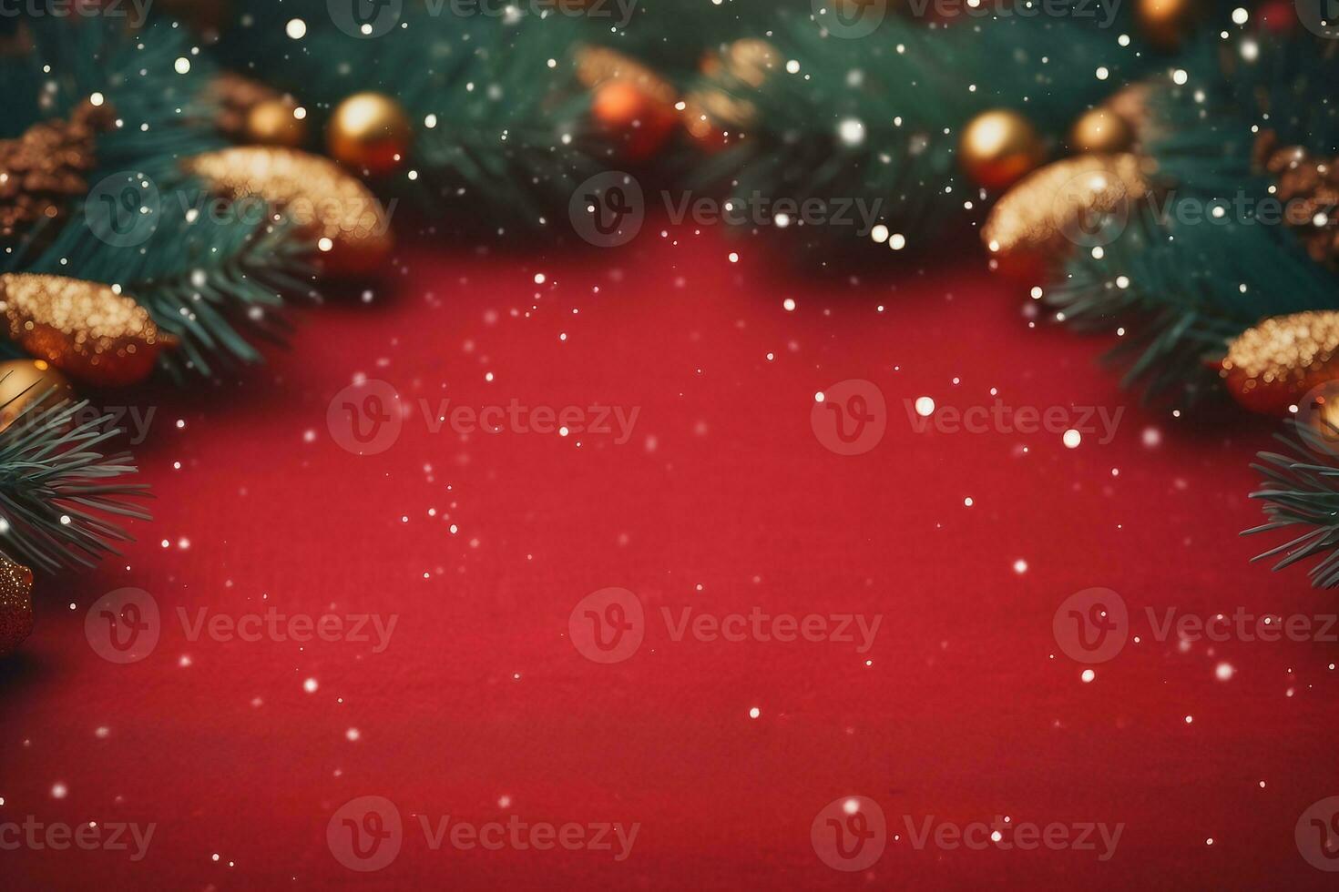 Christmas background with xmas tree and sparkle bokeh lights on red canvas background. Merry christmas card. Winter holiday theme. Happy New Year. Space for text. generative ai. photo