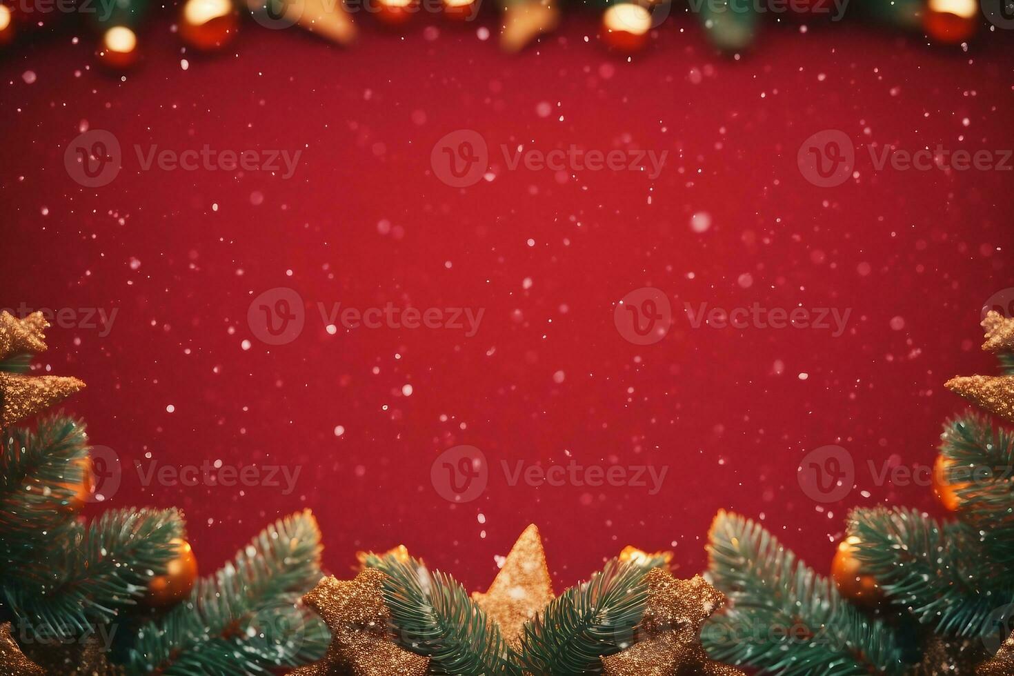 Christmas background with xmas tree and sparkle bokeh lights on red canvas background. Merry christmas card. Winter holiday theme. Happy New Year. Space for text. generative ai. photo
