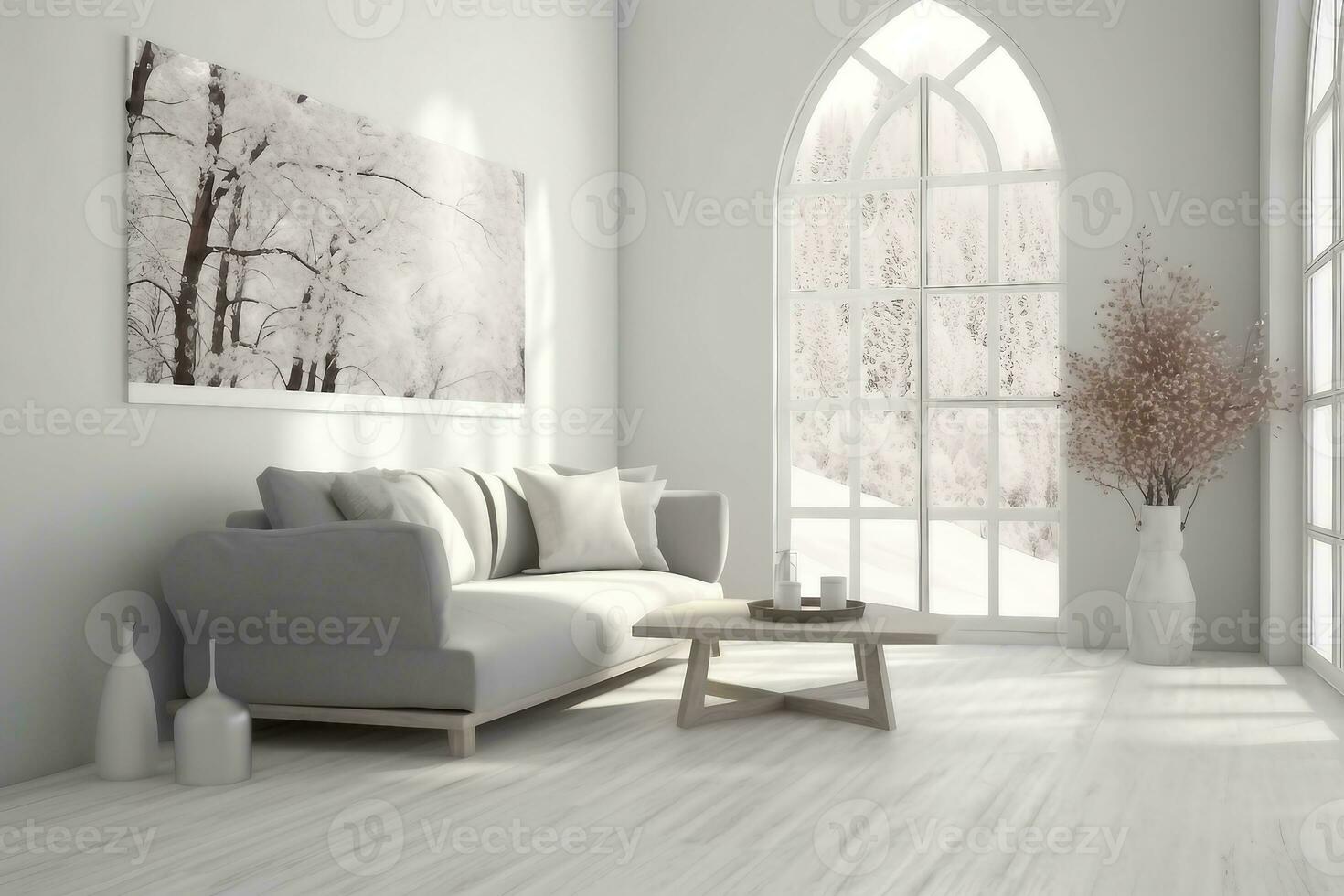 Stylish room in white color with sofa and winter landscape in window. Scandinavian interior design. 3D illustration. generative ai. photo