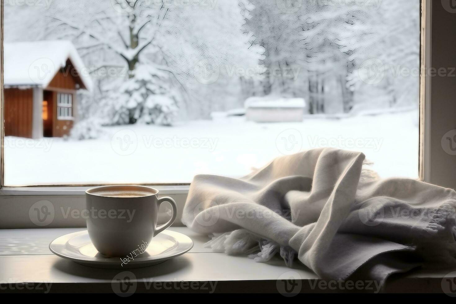 Cozy winter still life cup of hot coffee and opened book with warm plaid on vintage windowsill of cottage against snow landscape with snowdrift from outside.generative ai. photo