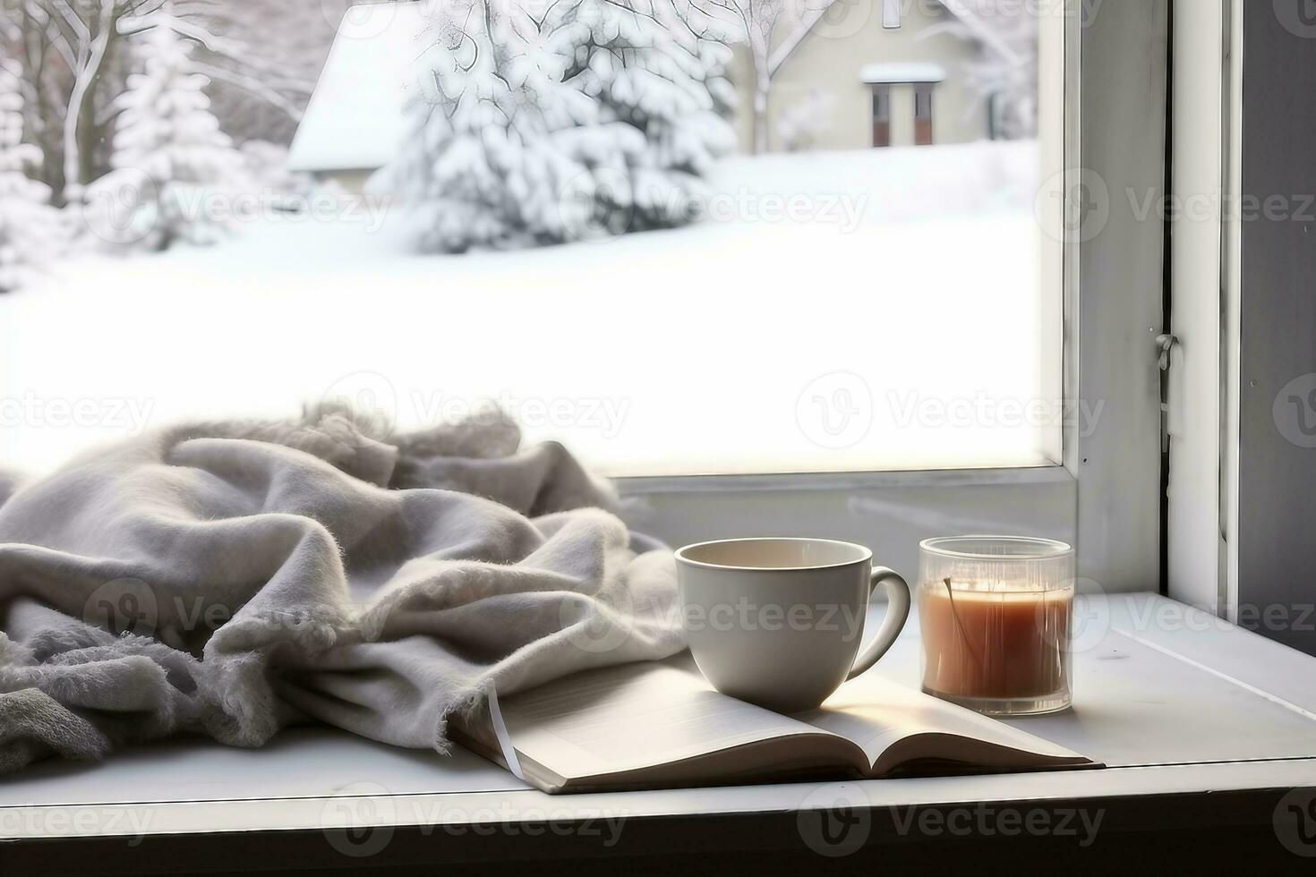 Cozy winter still life cup of hot coffee and opened book with warm plaid on vintage windowsill of cottage against snow landscape with snowdrift from outside.generative ai. photo