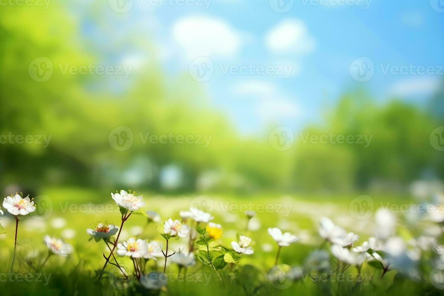 Beautiful blurred spring background nature with blooming glade, trees and blue sky on a sunny day. generative ai. photo