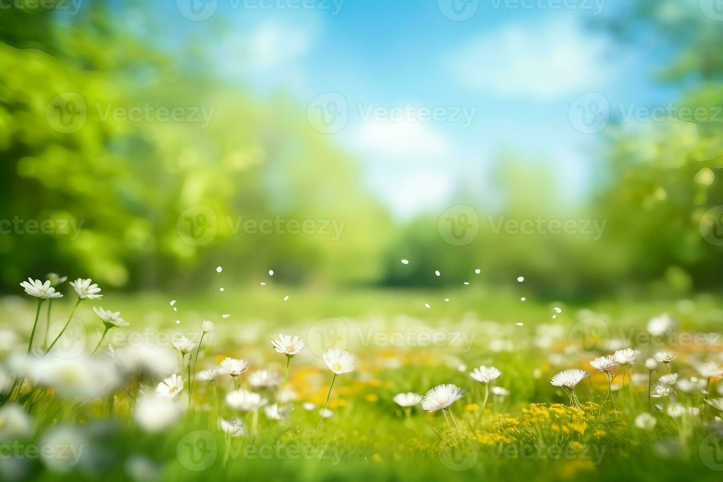 Beautiful blurred spring background nature with blooming glade, trees and blue sky on a sunny day. generative ai. photo