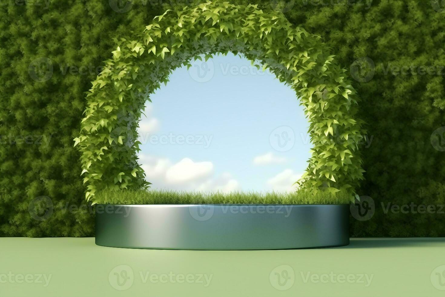 platform and Natural podium background on the grass field with green leaf arch door for product display, Blank showcase, mock up template or cosmetic presentation. generative ai. photo